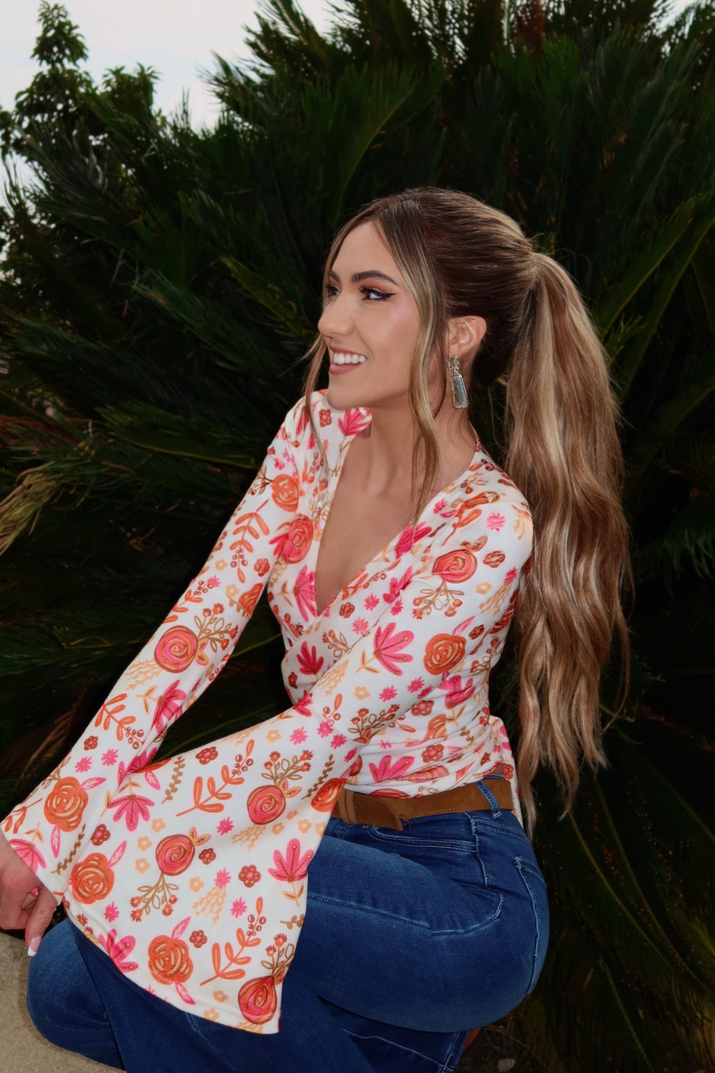 Woodstock Floral Bell Sleeve Wrap Top - Sunset Petals
